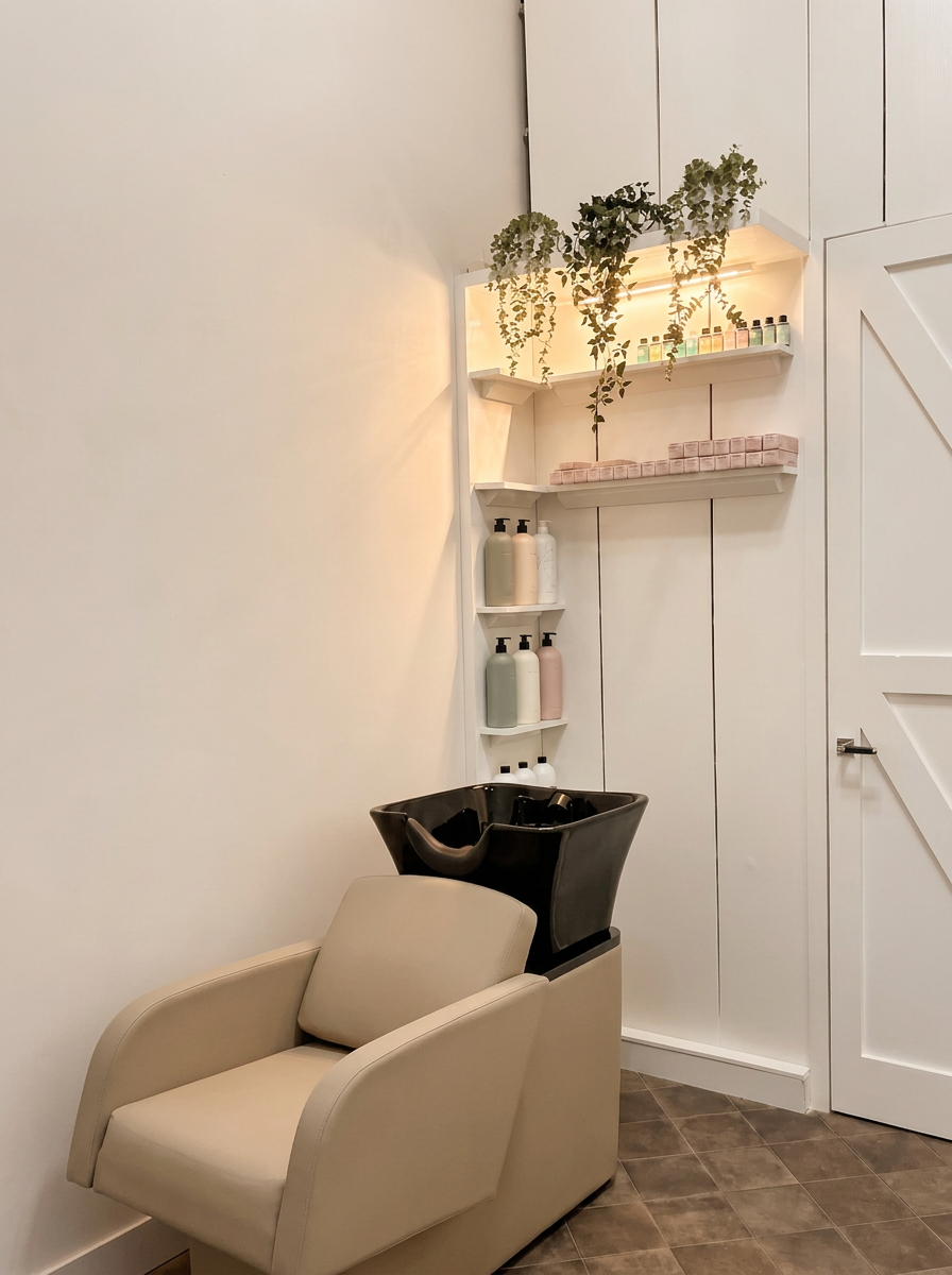Wasstoel met shampoos op verlichte schappen en groene hangplanten