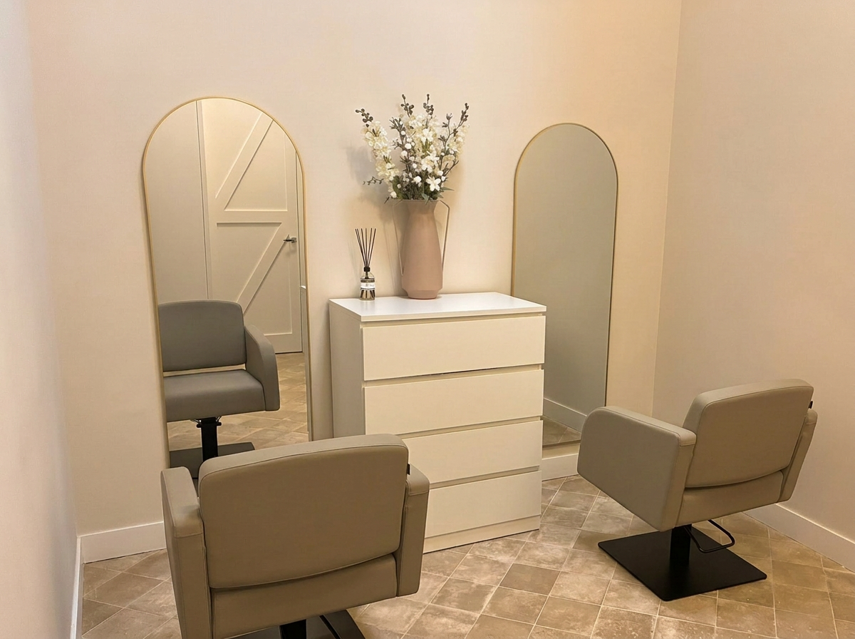 Studio Yoni's met gouden boogspiegels, beige stoelen en een warme beige tegelvloer